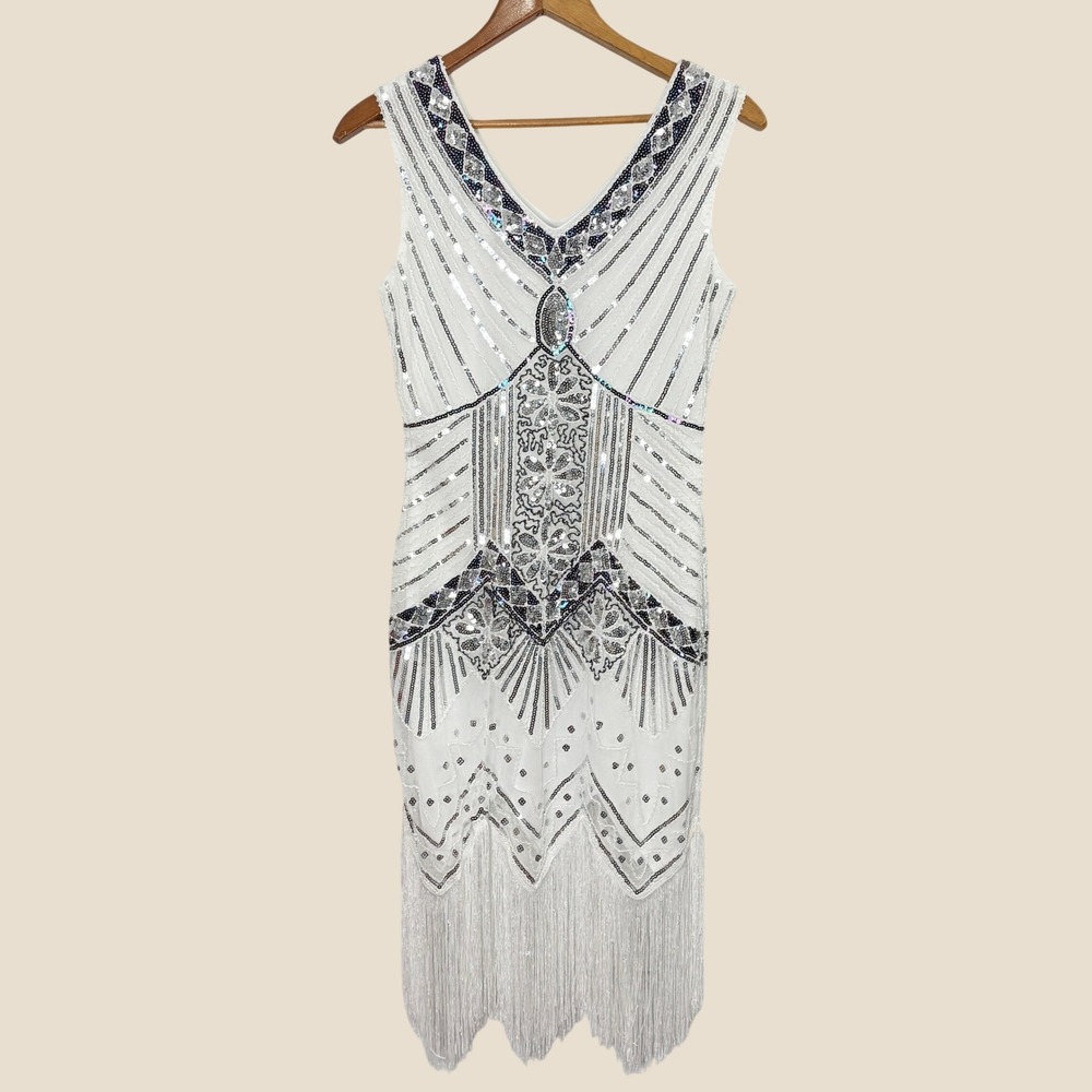 1920s Gatsby Flapper Dress Small Sequin Beaded Fringe Capelet Headpiece Jazz Age - Picture 5 of 14
